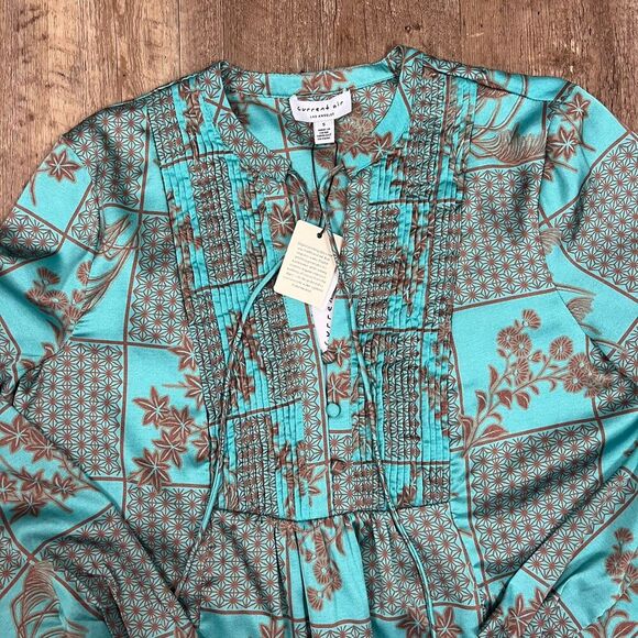 Current Air Anthropologie Blouse Long Sleeve V-Neck Women's S Teal Pleated NWT* - Picture 2 of 13
